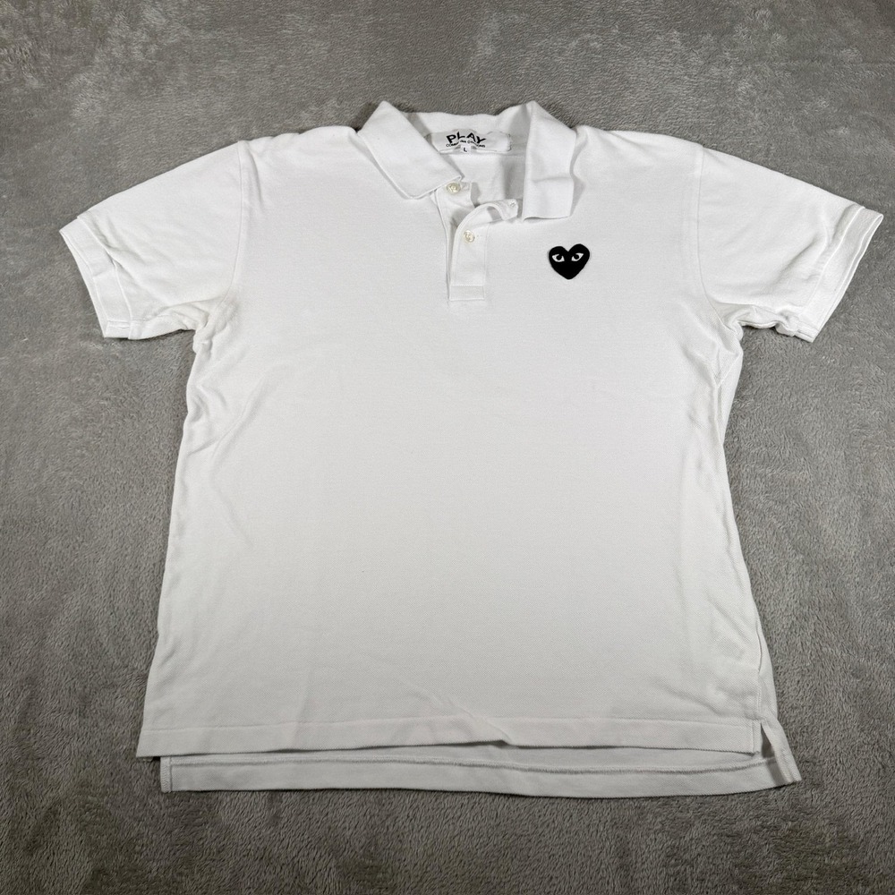 Comme Des Garçons Play‎ Polo Shirt Mens Large White Pique Black Heart Logo Japan